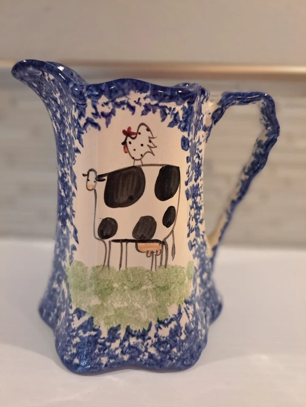 Molly Dallas Pottery Blue Spatterware Folk Art Cow Rooster Pitcher Jug Carafe